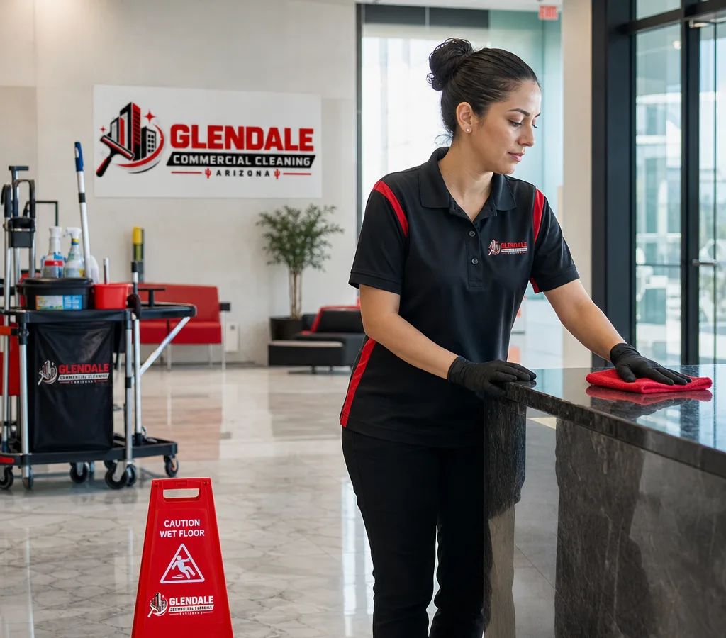 Uniformed commercial cleaner wiping high-touch surfaces in a professional office lobby