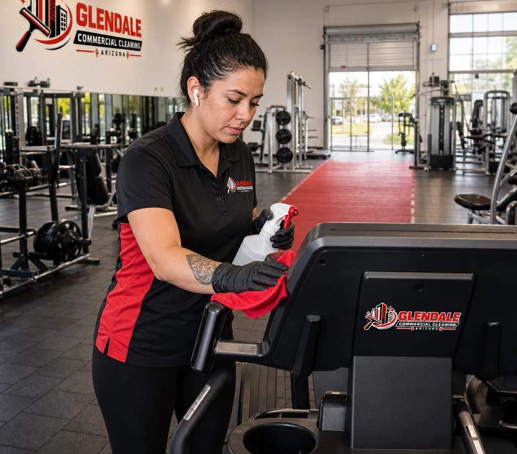 Commercial cleaning technician wiping cardio equipment and disinfecting touchpoints in a modern gym