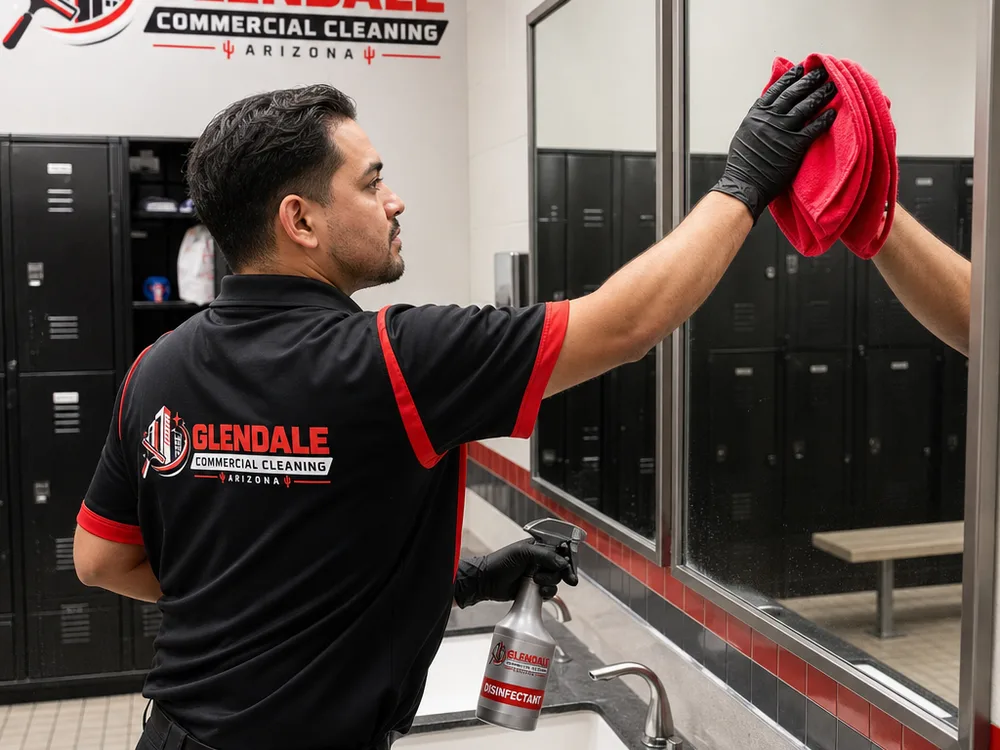 Cleaner disinfecting fixtures and wiping mirrors in a commercial gym locker room