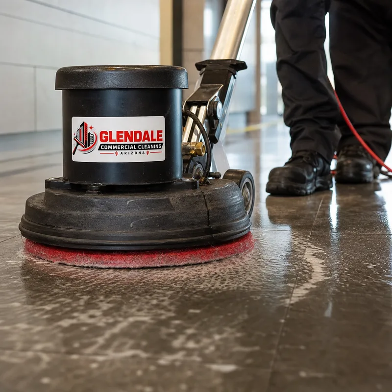 Commercial floor scrubber creating a controlled wet cleaning path on a hard floor