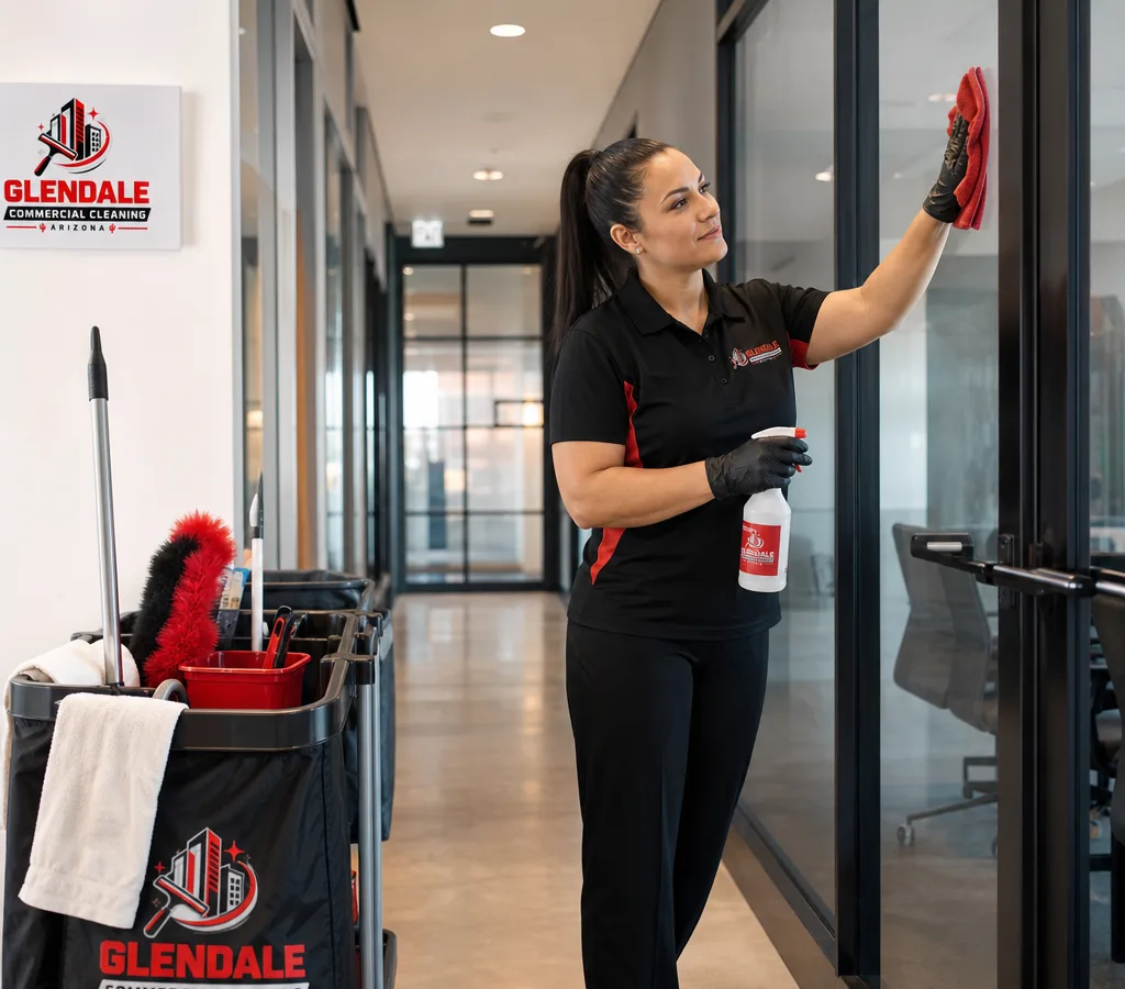 Professional cleaner wiping high-touch surfaces and glass in a modern commercial hallway