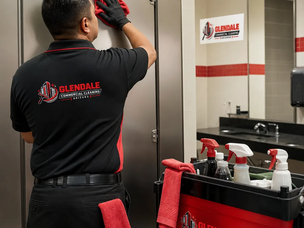 Cleaner detailing fixtures and partition doors in a commercial restroom