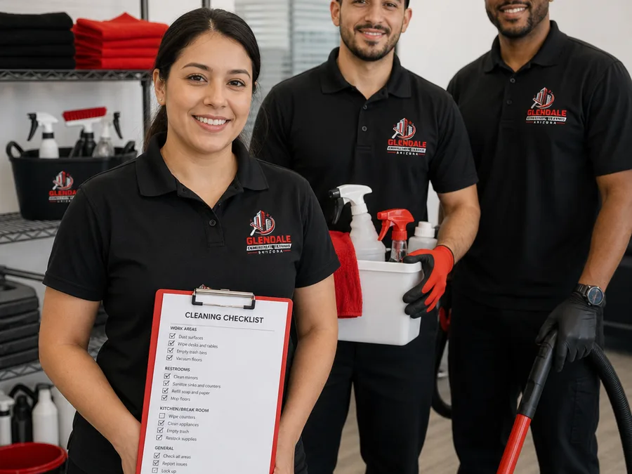 Commercial cleaning team with organized supplies and a checklist clipboard